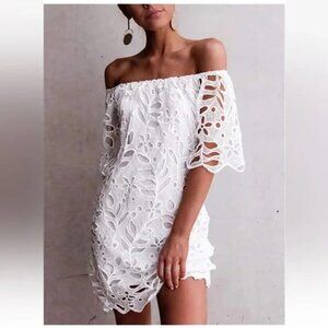 Pretty Garden Floral Lace Cutout Off Shoulder Dress NWT